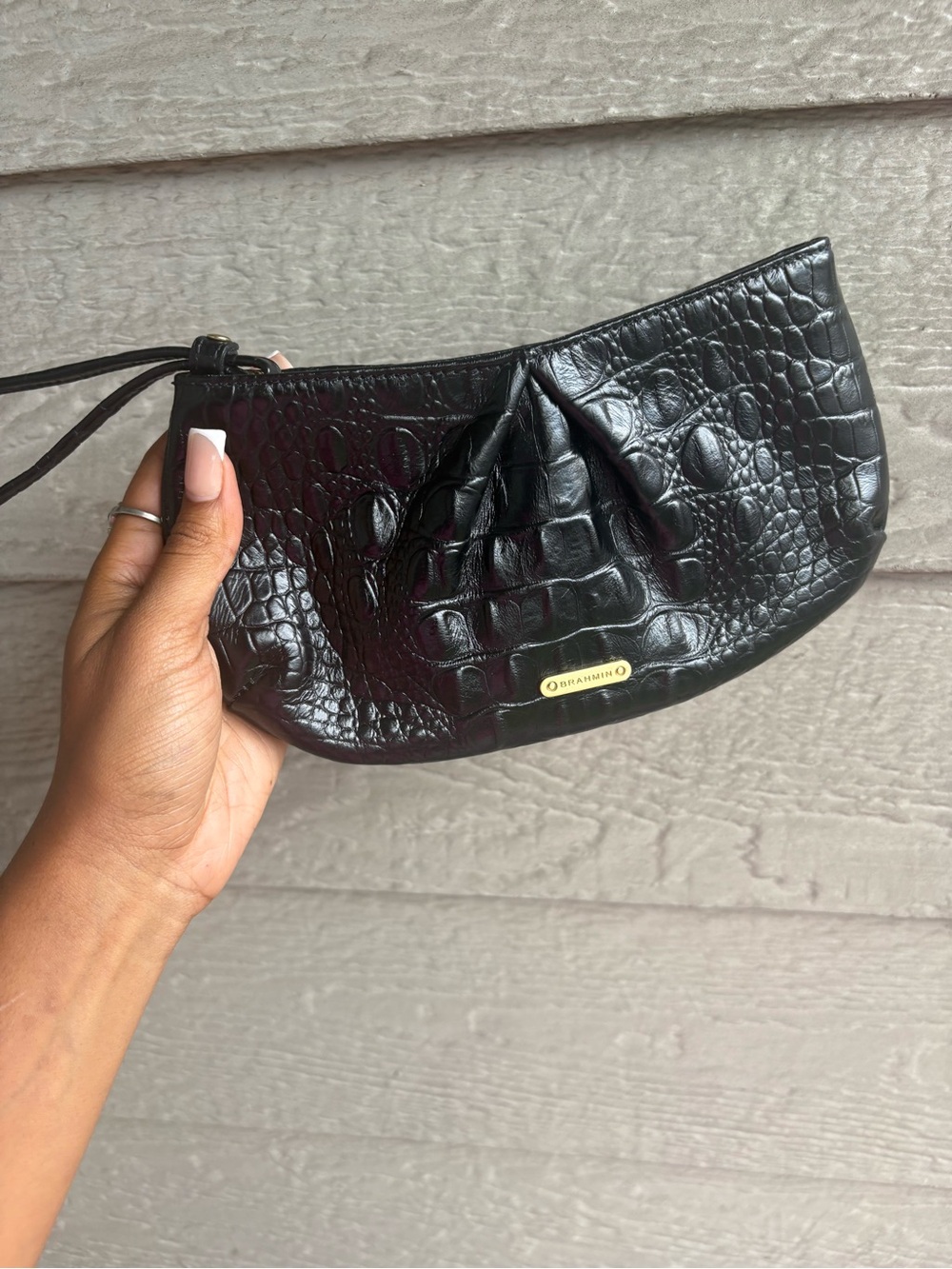 Brahmin Black Croc-Embossed Wristlet with Gold Plaque